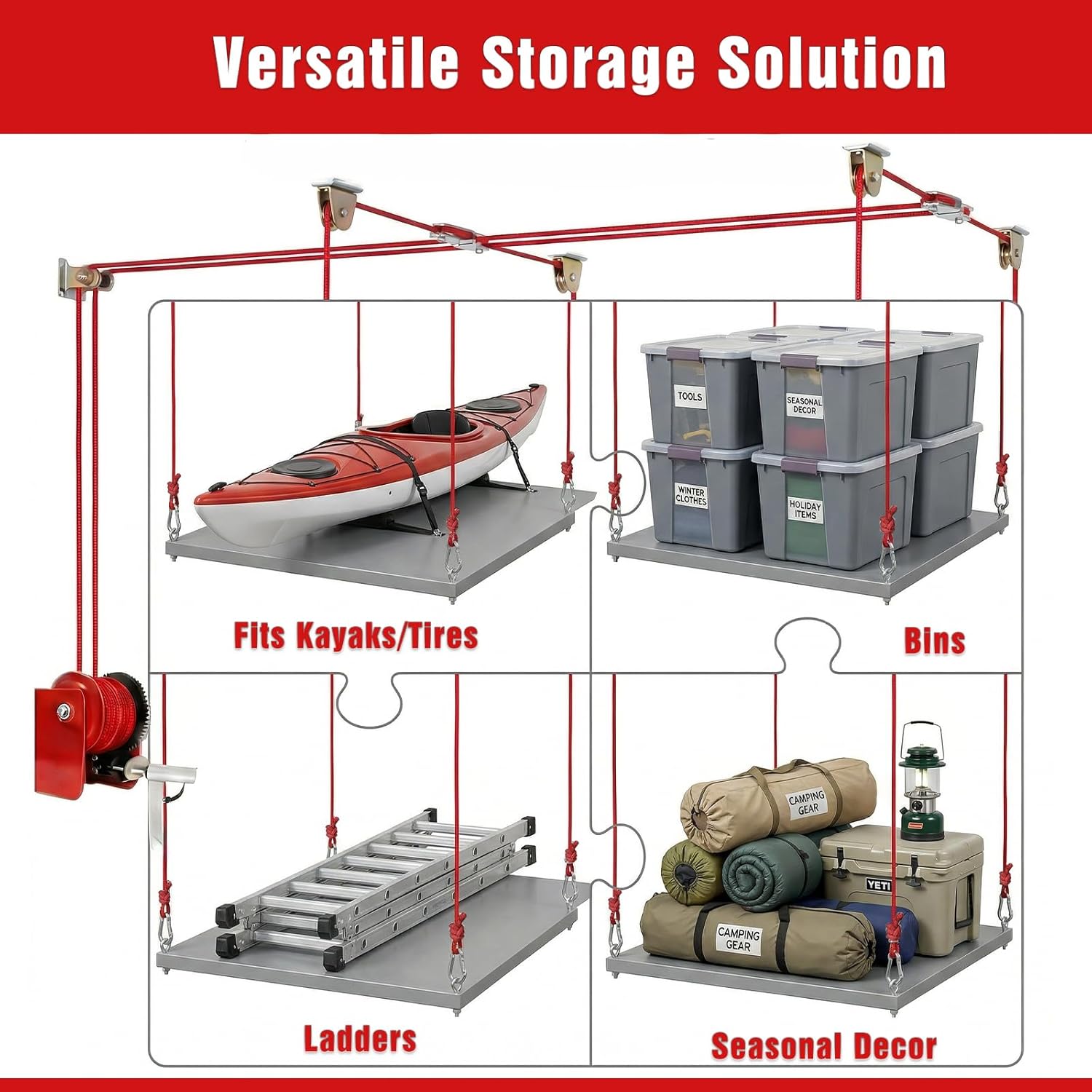 Overhead Garage Storage Lift Hoist, 400 lbs Ceiling Garage Hoist System with Hand Crank, Heavy Duty Double Rope Pulley Lift, Adjustable Garage Organizer for Bikes, Kayaks & Storage Bins (No Platform)