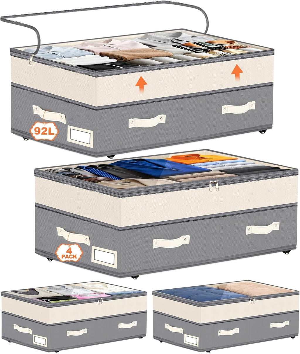 Dolicer 4 Pack Under Bed Storage with Wheels, 6in-10in Height Adjustable Underbed Storage Containers, 92L XXXL Under Bed Drawers Rolling Bin with Clear Lids for Dorm Shoes Clothes Organizers(Grey)