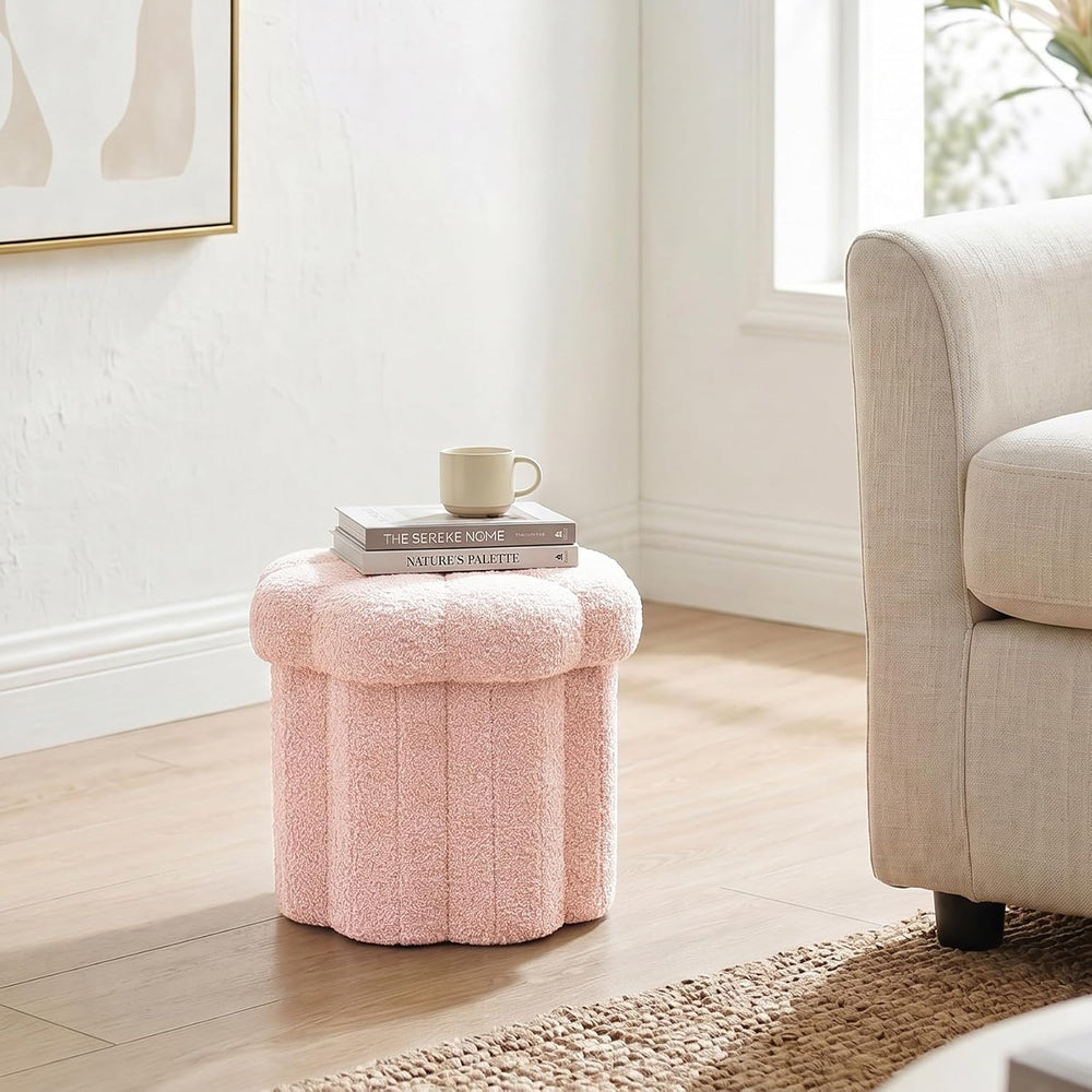 Flower Boucle Storage Ottoman, 12.6" Small Footstool with Padded Seat, F...