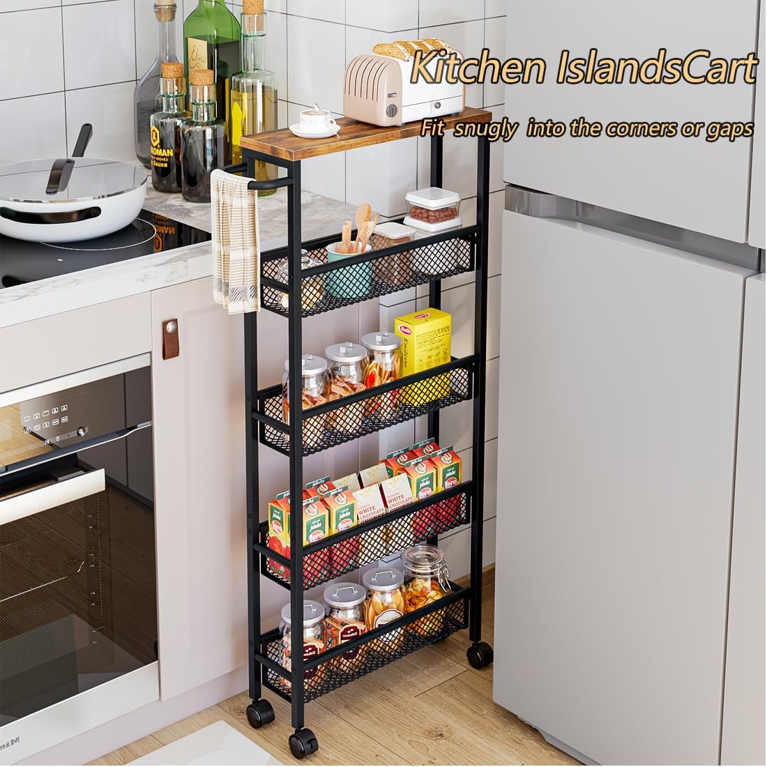 AZERPIAN Slim Rolling Cart 5 Tier Narrow Storage Cart on Wheels with MDF Board Top and Metal Handle for Small Space Kitchen Living Room Home Office Pantry Bathroom Laundry (16.38 x 5.12 x 39.17 inch)