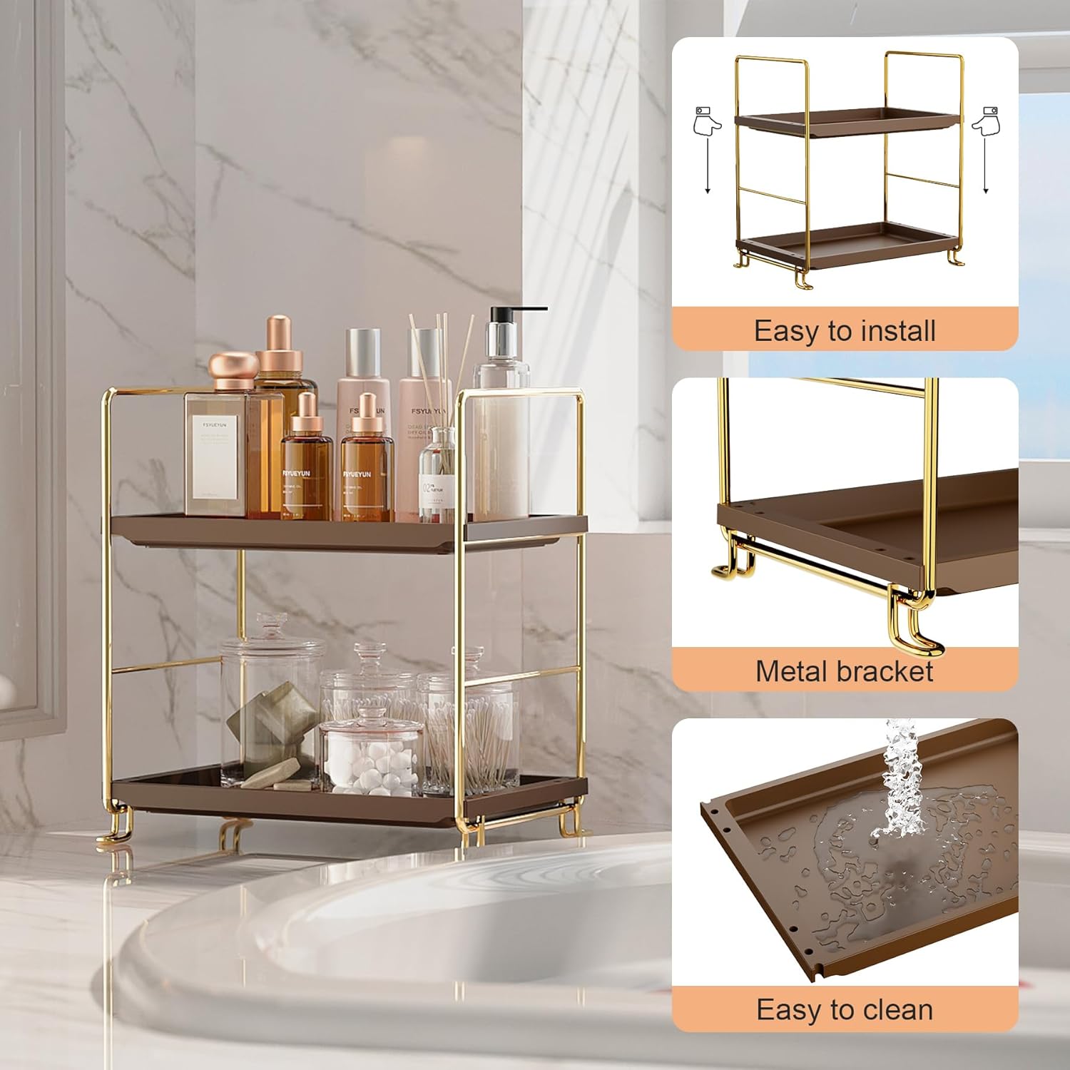 FSyueyun 2-Tier Bathroom Countertop Organizer,Bathroom Organizers and Storage with Tool-Less Installation, Premium Plastics for Makeup, Perfume, Skincare on Dresser Vanity Tray (Gold & Brown)