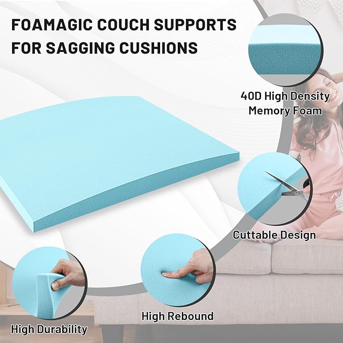 Couch Cushion Support for Sagging Seat – 1 Pack 20x20x2 Inch Sofa Cushion Board Saver & Replacement Insert for Saggy Couch or Chair, Quick No-Tool Install with 40D Memory Foam