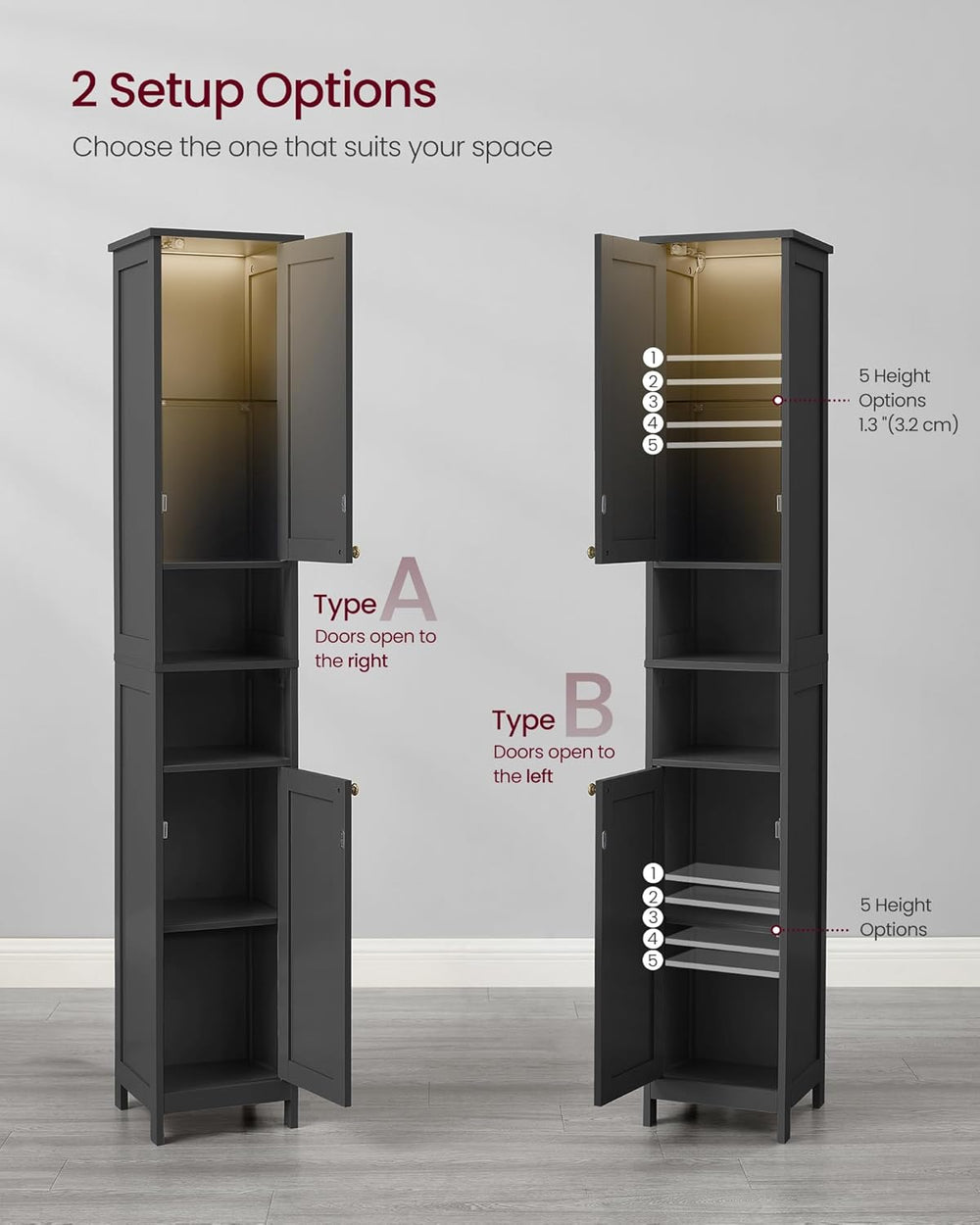 VASAGLE Tall Storage Cabinet with Lights, Slim Freestanding Cabinet with Adju...