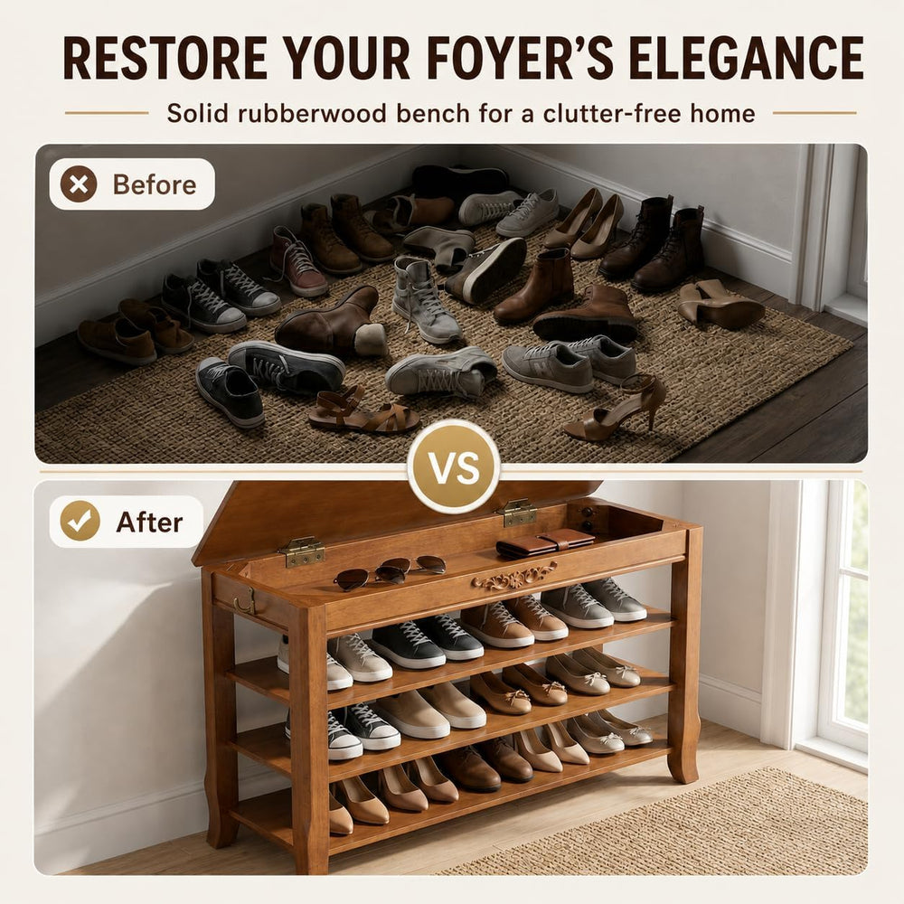 Shoe Rack Bench with Lift-Top Storage,3-Tier Shoe Storage Bench with Wooden S...
