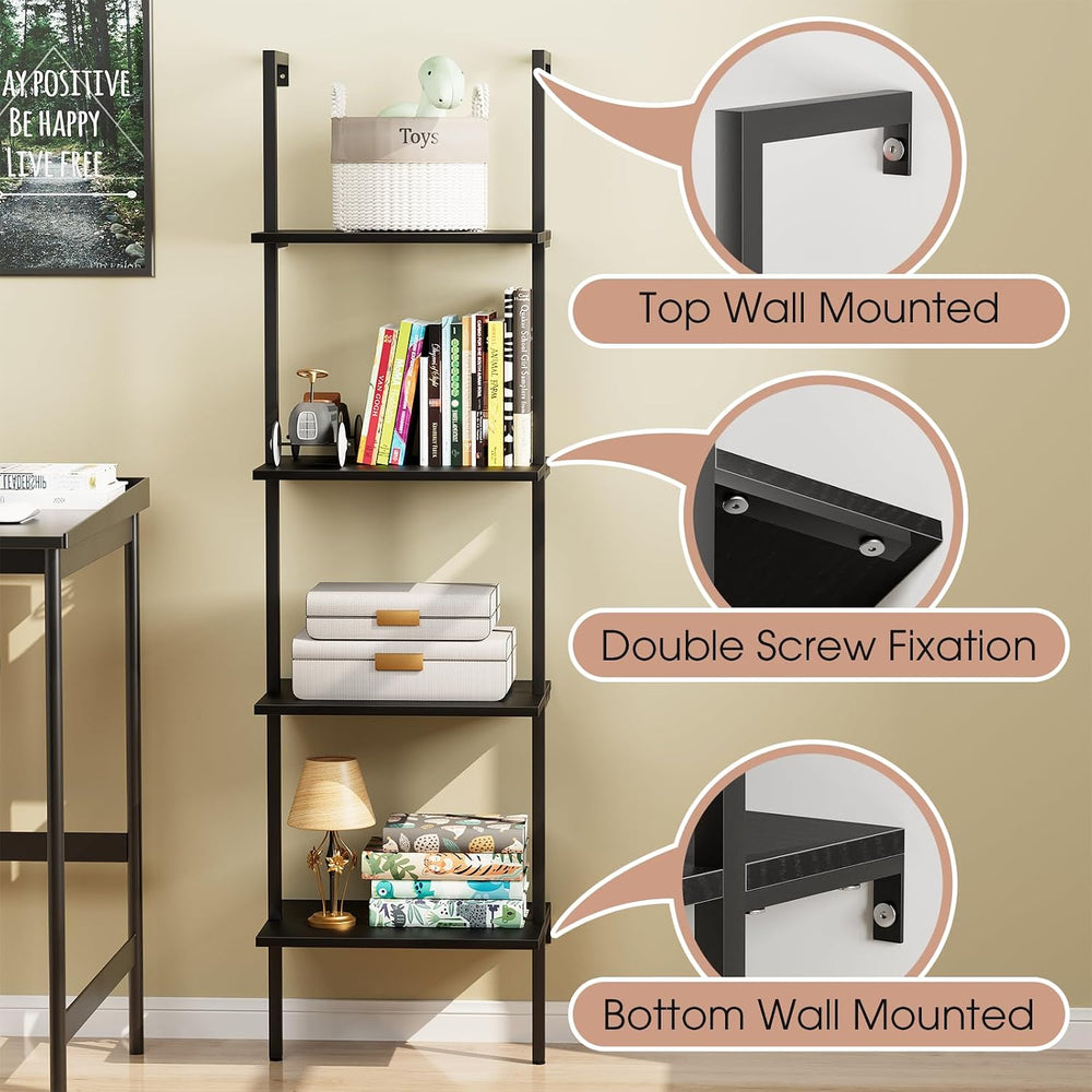 Ladder Shelf 4 Tiers Metal Industrial Bookshelf,Black Wooden Tall Open Storag...
