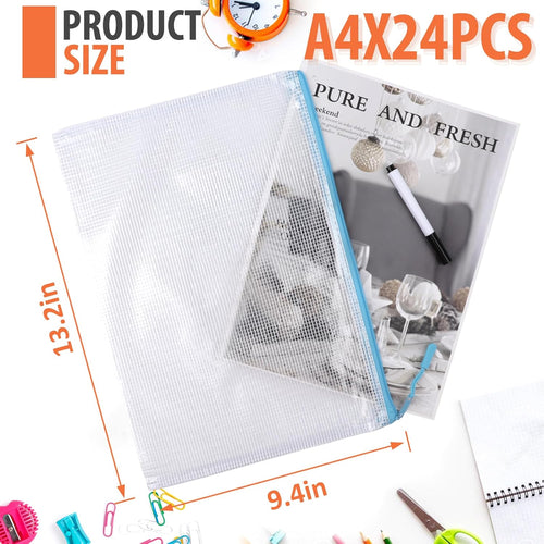 24 Pack 8 Color A4 Mesh zipper pouch bags, Storage Bags, File Bags for Classroom Organization, Zipper Pouches of office supplies, Puzzles, Board Game Storage