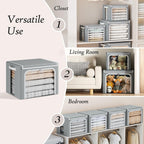Yecaye Clothes Storage Bins with Metal Frame, Foldable Clothing Storage Bin with Lid, Stackable Oxford Fabric Organizer Box With Clear Window & Zippers & PU Leather Handles (3 Pack,Grey,66L)