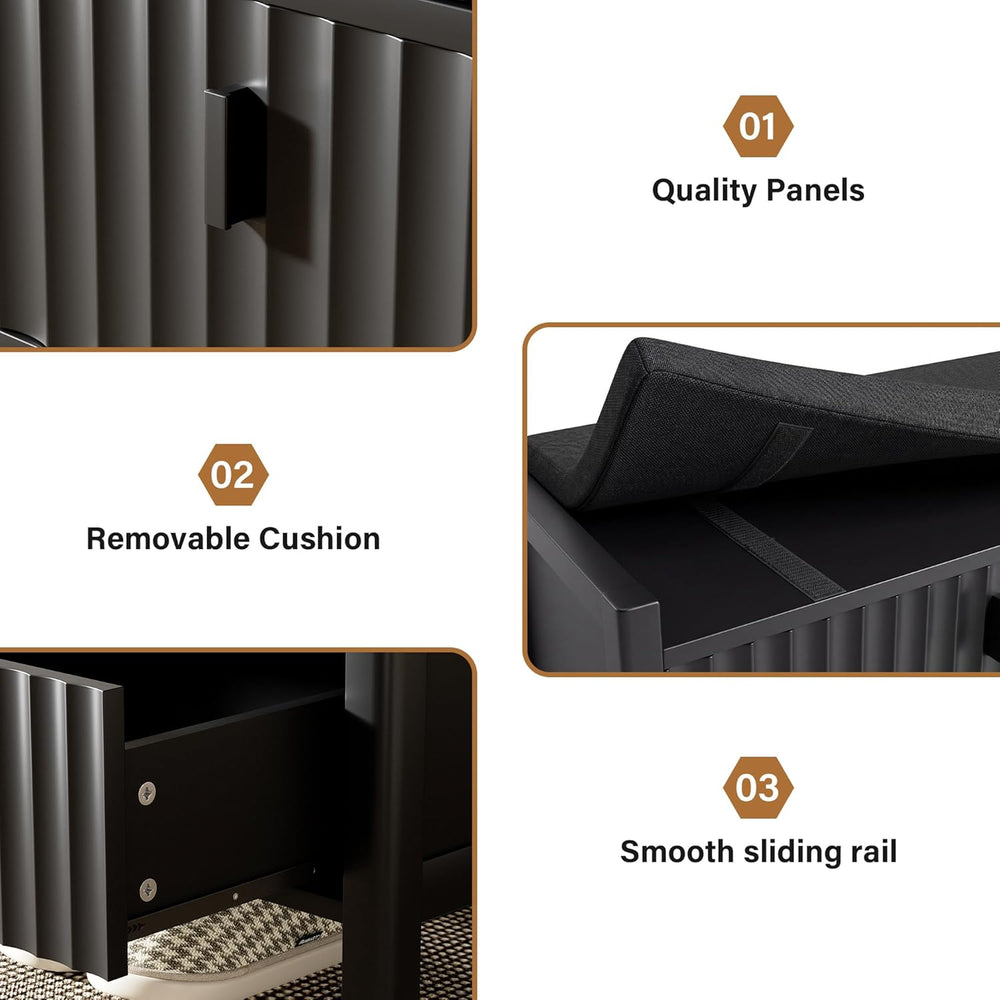 Furniway Black Fluted Shoe Bench with 2 Drawers, Entryway Storage Bench with ...