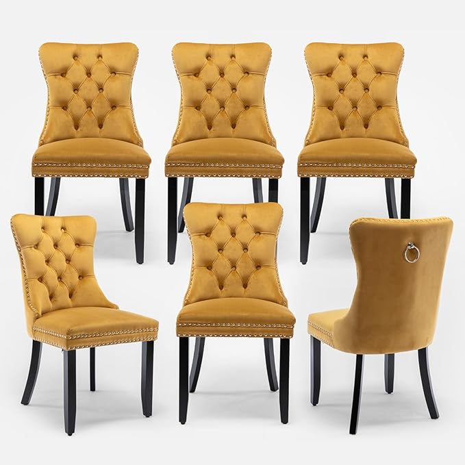 Velvet Upholstered Dining Chairs Set of 6, Modern Style Kitchen Side Chairs w...