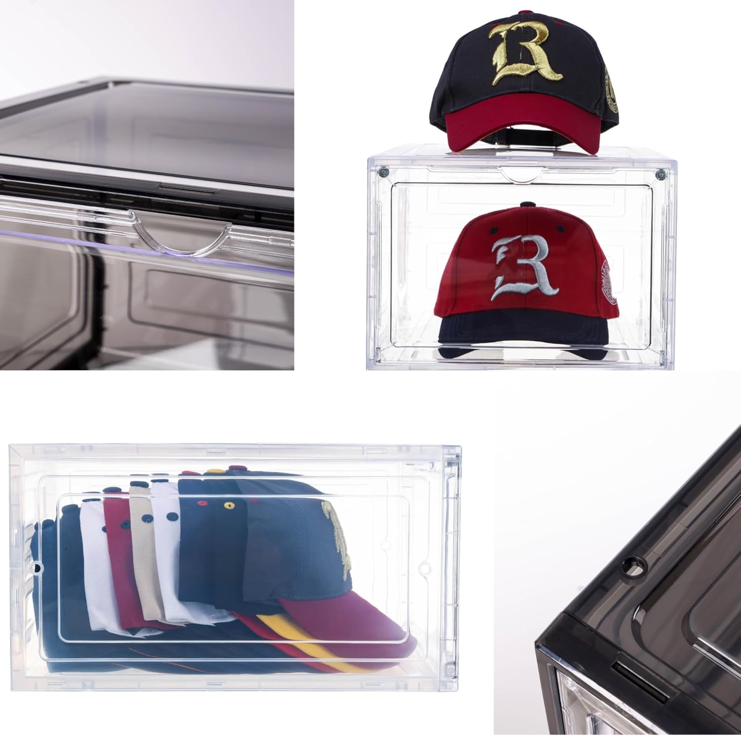 Attelite Hat Organizer for Baseball Caps, set of 6, Stackable Hat Storage Box With Transparent Magnetic Door, Hat Rack, Easy to Assemble Stylish Display(Clear Black)