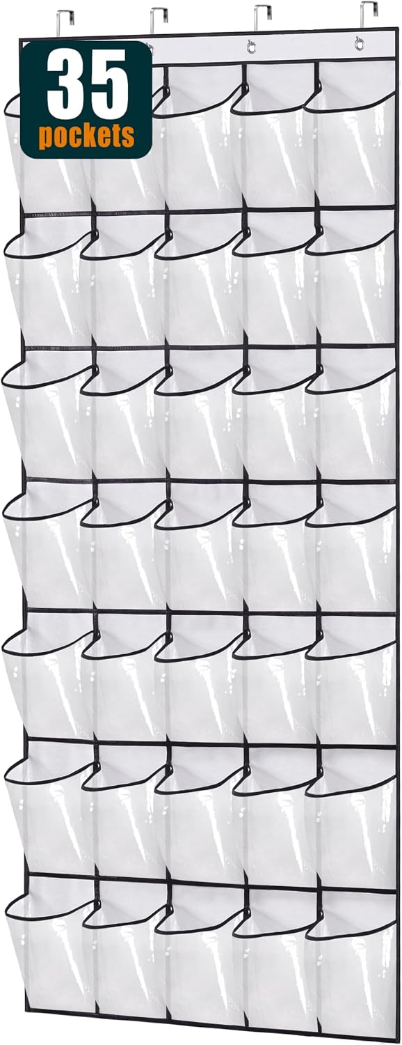 MISSLO 35 Clear Large Pockets Over The Door Shoe Organizer Sturdy Oxford Fabric Hanging Shoe Rack Closet Shoe Holder Hanger, White