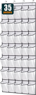 MISSLO 35 Clear Large Pockets Over The Door Shoe Organizer Sturdy Oxford Fabric Hanging Shoe Rack Closet Shoe Holder Hanger, White