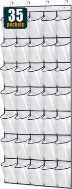 MISSLO 35 Clear Large Pockets Over The Door Shoe Organizer Sturdy Oxford Fabric Hanging Shoe Rack Closet Shoe Holder Hanger, White