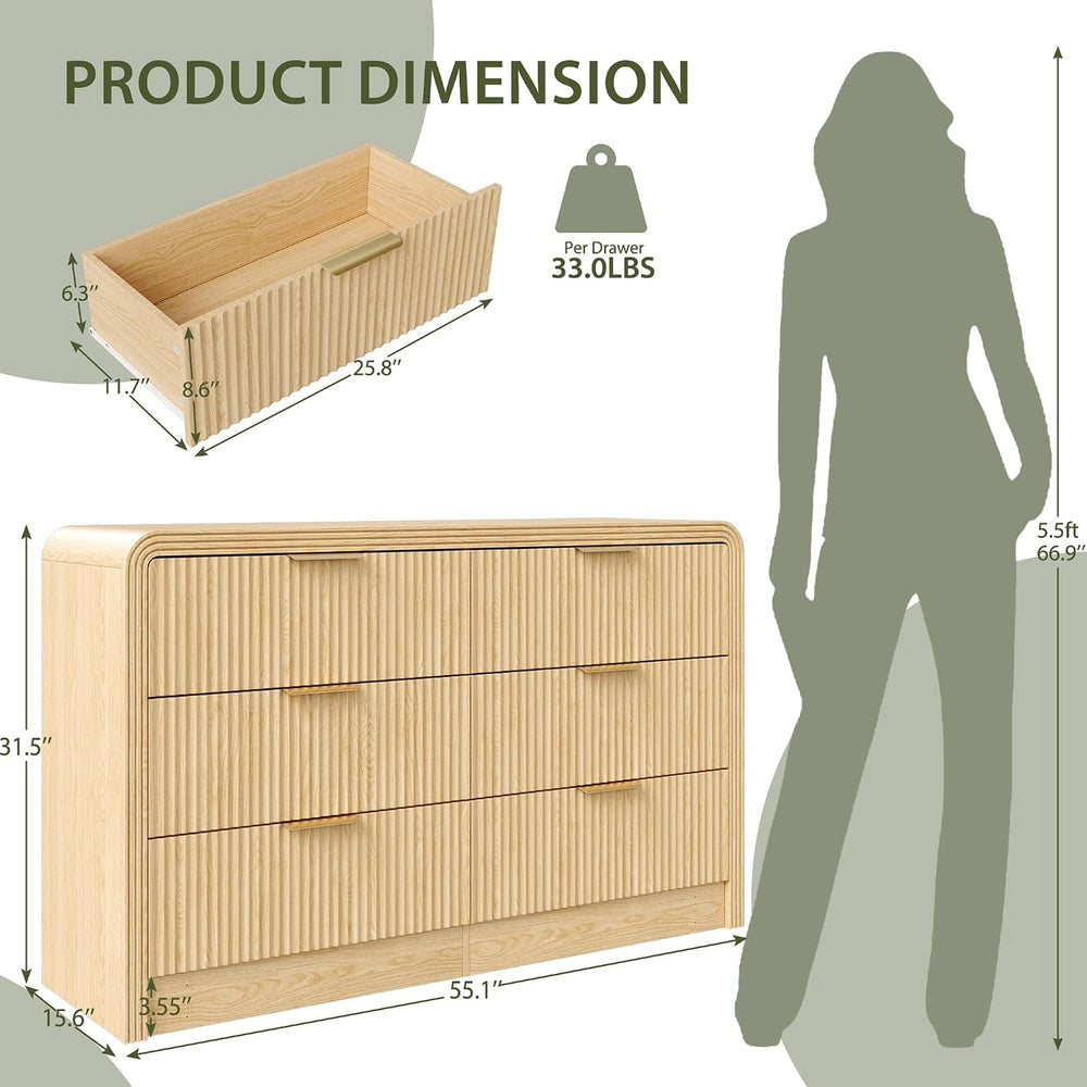 Decofy 55" W Fluted 6-Drawer Dresser for Bedroom,Natural Oak