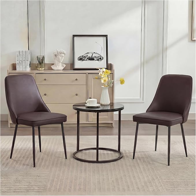Modern Dining Chairs Set of 6, Faux Leather Upholstered Dining Room Chair Kitchen Chairs Dinner Side Chair with Curved Back and Metal Legs for Kitchen, Dining Room, Living Room, Brown