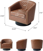 Swivel Barrel Accent Chair Set of 2, Comfy Modern Upholstered Round Faux Leather Arm Chair for Living Room, Bedroom, Brown