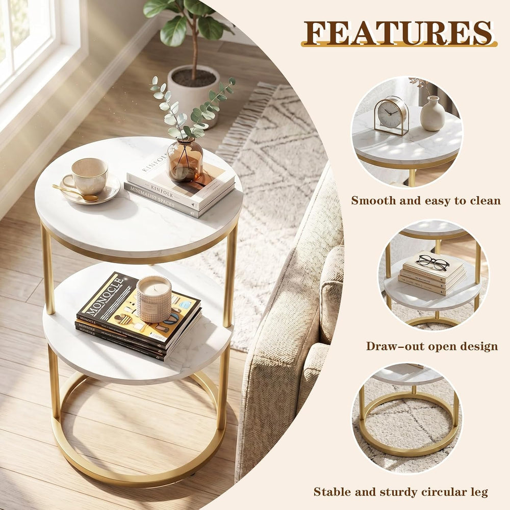 C Shaped end Table,2 Tier Wood Round Side Table for Couch,Small Sofa Table wi...