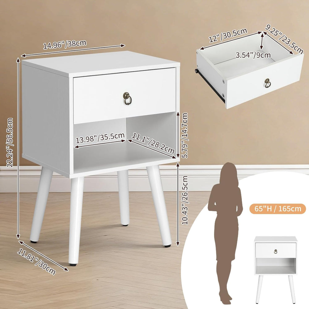 Bonnlo White Nightstand Set of 2, Modern Bedside Table with Drawer Open Shelf...