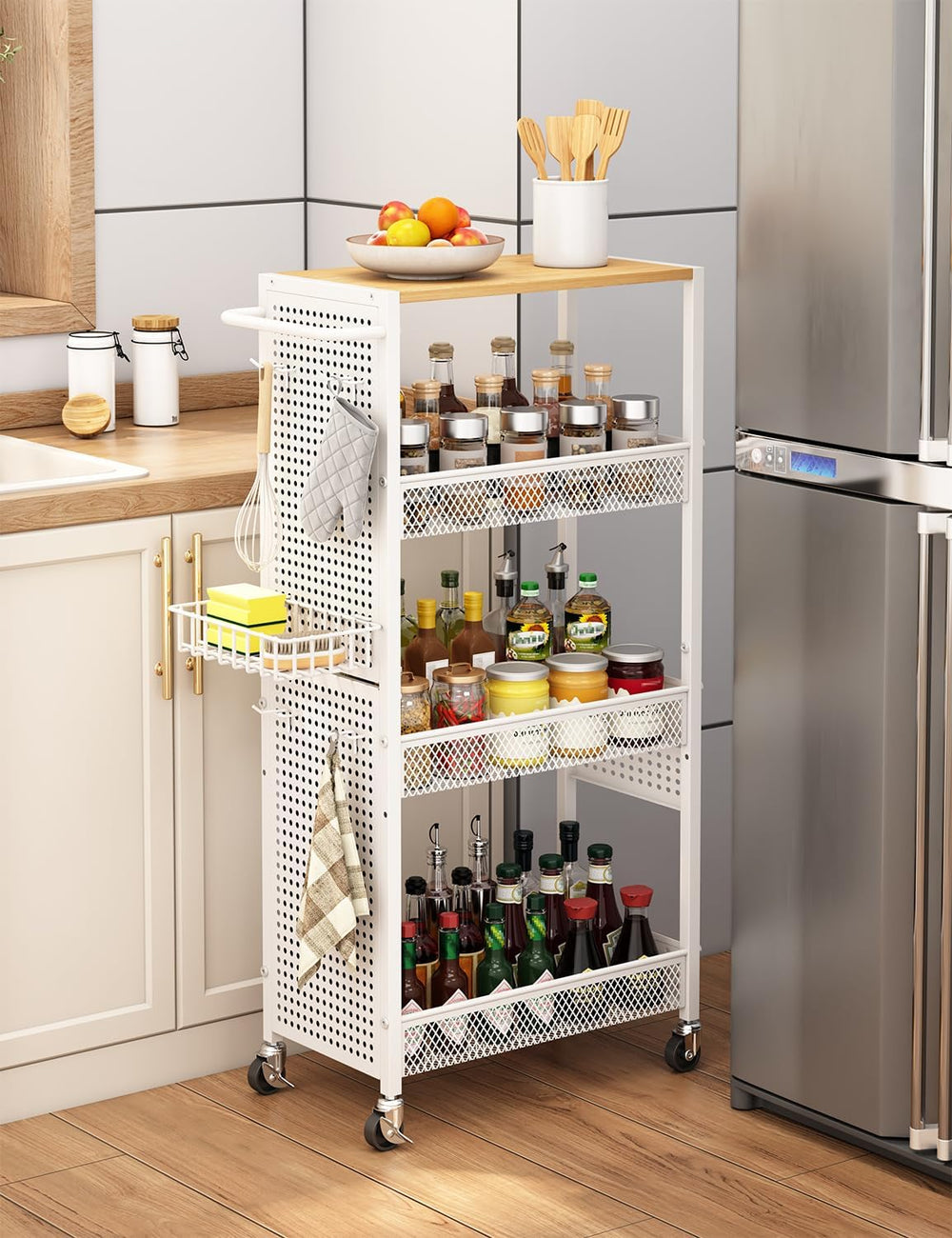 Slim Storage Rolling Cart: 4-Tier Narrow Metal & Wood Utility Cart with W...