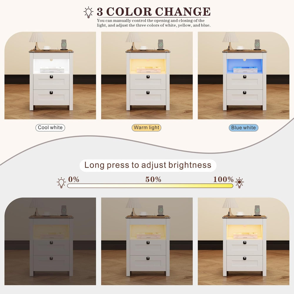 HWB LED Nightstand Set of 2 with Gun Drawer: Bedside Table with Charging Stat...