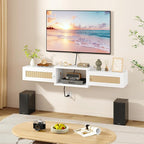 IBUYKE Modern Rattan Floating TV Stand with Doors,Wall Mounted TV Shelf for TVs up to 55 Inches,Media Console Entertainment Center for Under TV Storage Cabinet for Living Room Bedroom,White UWST012W