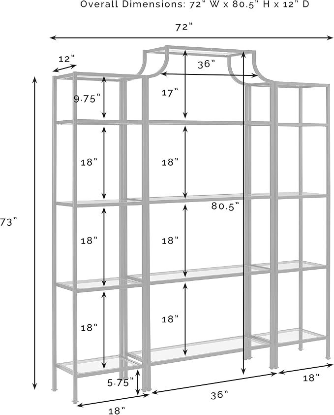 Crosley Furniture Aimee 3-Piece Bookshelf Set with Glass Shelves, Bookcase Storage, Gold and Glass