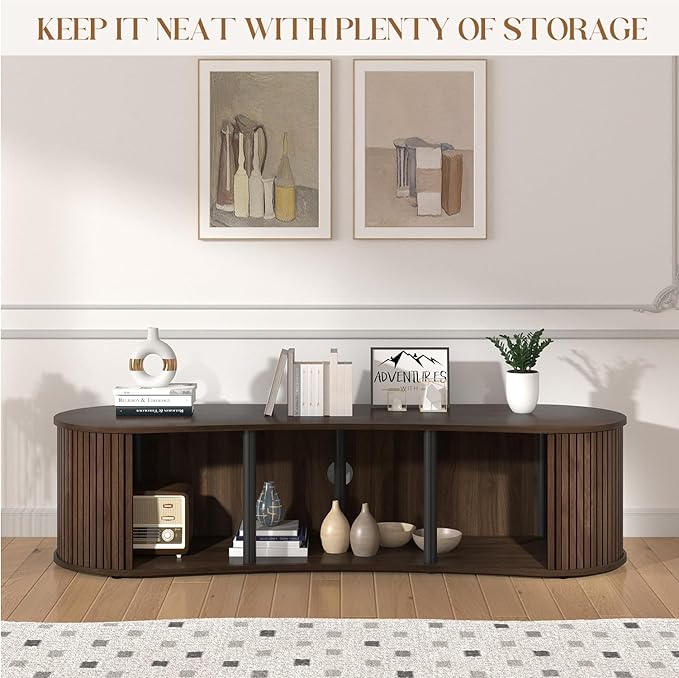 59" Fluted TV Stand with Sliding Tambour Door, Mid Century Modern Wood Media Console with Storage Cabinet, Entertainment Center for Living Room (Walnut)