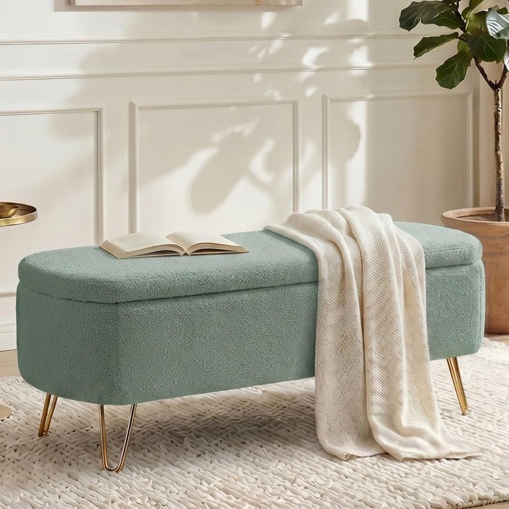 Modern Storage Ottoman Bench, Teddy Upholstered Entryway Bench with Gold Legs...