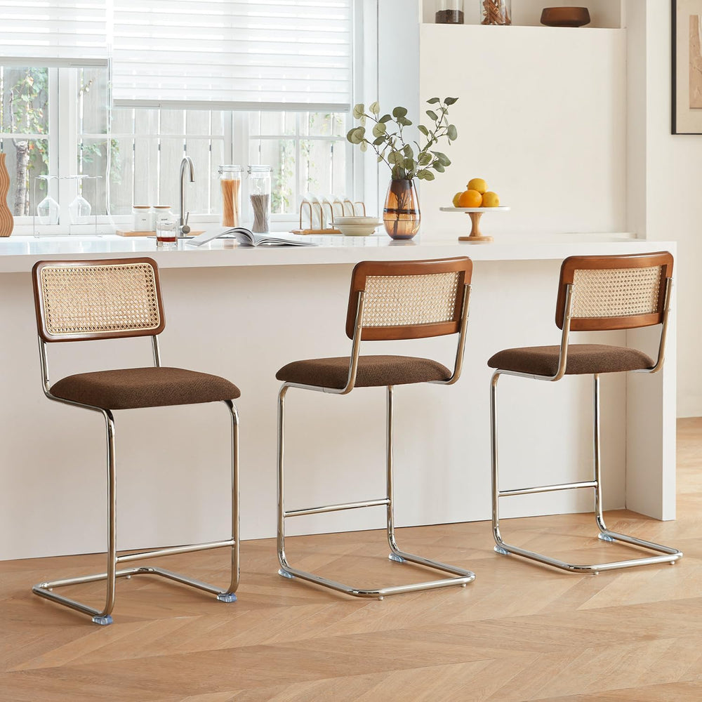 GrandNoor Natural Rattan Counter Height Stools Set of 3 with Solid Wood Back,...