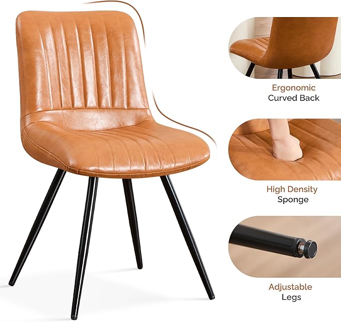 Dining Chairs Set of 4, Modern Dining Chairs with Thick Cushions, PU Leather Upholstered Kitchen Dining Room Chairs with Metal Legs for Dining Living Room (Caramel)