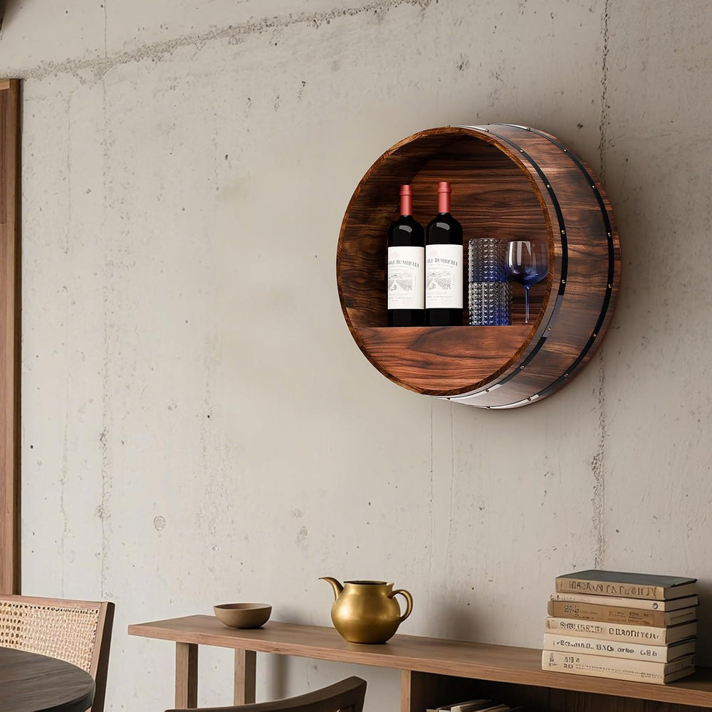 Whiskey Barrel Decor, Bourbon Whiskey Barrel Shelf, Wall Mount Wine Rack | Ru...