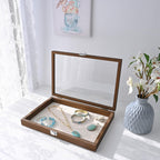 MOOCA Jewelry Display Case, Display Case Accessories Storage Box with Tempered Glass Hinge Lid, Jewelry Tray for Collectibles, Walnut Color, 14.1W x 10.2D x 2.1H in