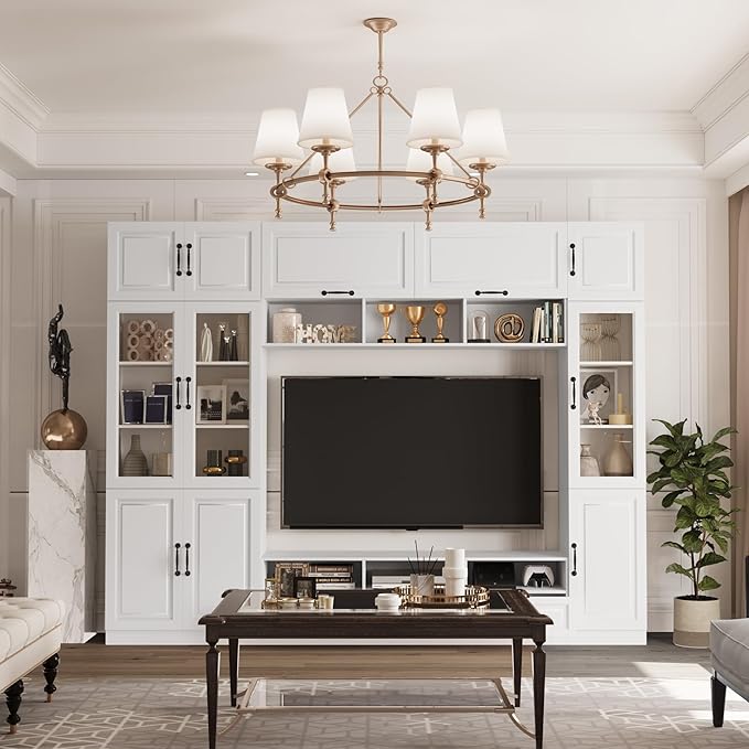 110.2" Entertainment Center Wall Unit with Glass Doors & Drawers, Large Wall Unit TV Stand for TVs up to 70", Media Console Table for Living Room, Can be Split into 4 Separate Cabinet, White