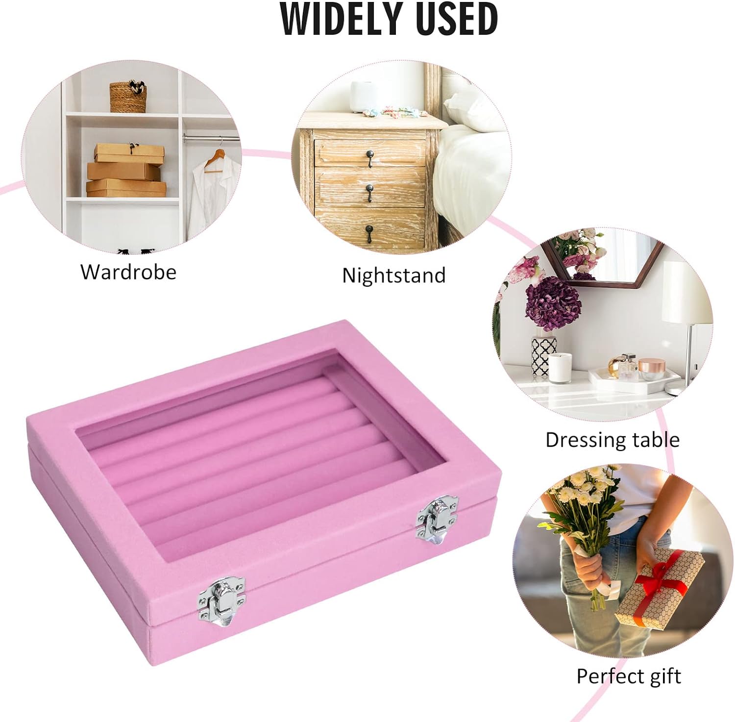 Vicoter Rings Organizer Tray 7 Slots Velvet Jewelry Earring Storage Box with Transparent lid Jewelry Display Case for Girls Wife Mom Women (Pink)