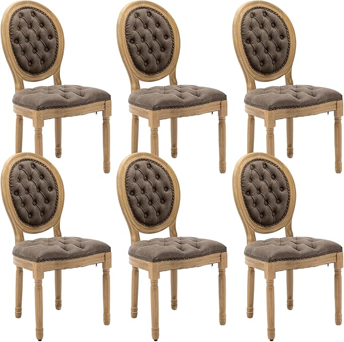 French Country Dining Chairs Set of 6,Farmhouse Upholstered Dining Room Chairs with Tufted Round Back&Solid Leg,PU Leather Kitchen Side Chairs for Kitchen/Bedroom/Dining Room,Brown