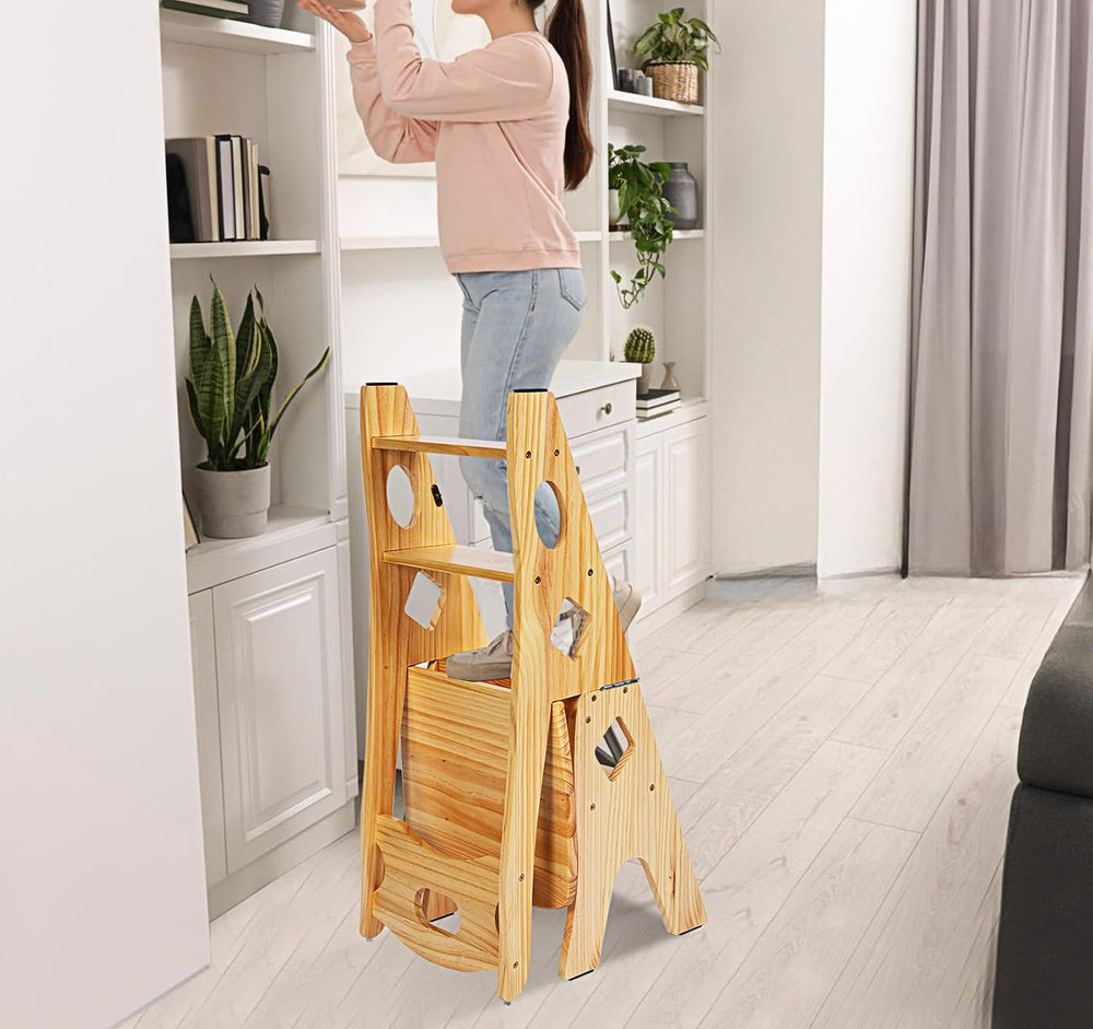 4 Step Foot Stool Chair 3 in 1 Wooden Library Ladder Solid Folding Portable W...