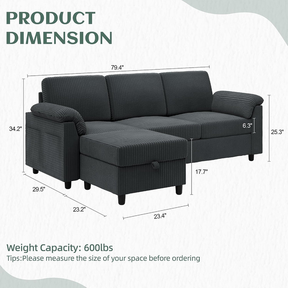 Vongrasig 79" Convertible Sectional Couches Sofa with Storage Ottoman, 3...