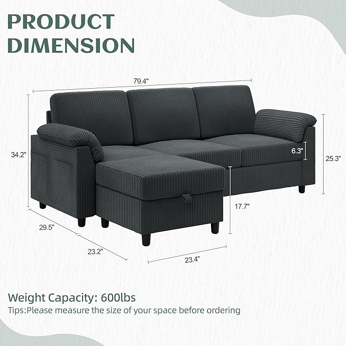 Vongrasig Convertible Sectional Sofa Couch, 3 Seat L Shaped Sofa with Removable Pillows Soft Corduroy Fabric Small Couch Mid Century for Living Room, Apartment and Office (Gray)