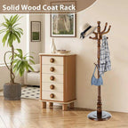 Solid Wooden Coat Rack Stand, Coat Racks Freestanding with 14 Hooks, Natural Birch Wood Coat stands with Sturdy Round Base, Tree Coat Hanger Standing for Entryway Bedroom Office (Walnut disc)