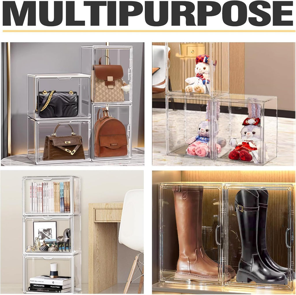 XX-Large Acrylic Display Case 11.4'' x 9.8'' x 15.3'', Boot Boxes for Tall Boots Size 15, Large Sneaker Shoe Box Clear Stackable Storage Boxes for Collectibles Handbag Organizer with Magnetic Lids