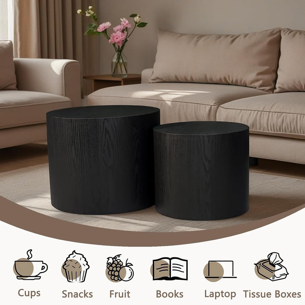 Nesting Coffee Table Set of 2, Modern Round Wood Side Table, Black | Nesting ...