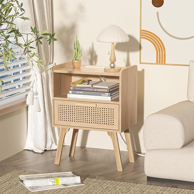 Lerliuo Rattan Nightstand with Charging Station, Boho Night Stand with Handma...