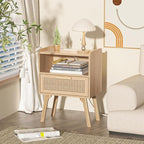 Lerliuo Rattan Nightstand with Charging Station, Boho Night Stand with Handmade Natural Rattan Drawer and Open Shelf, Cane Accent Side End Tables with Solid Wood Legs for Bedroom, Dorm, Small Spaces