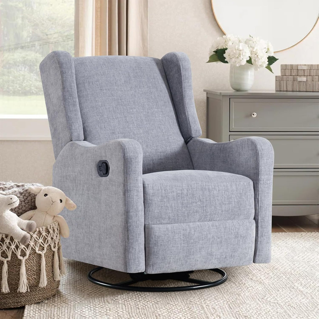360° Swivel Glider Recliner, Soft Chenille Mid Century Modern Upholstered Ergonomic Rocker Comfy Wingback Accent with Curved Arm Sillas Reclining Chair Living Room Bedroom Lounge Reading Nursery Grey