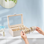 Lolalet Bracelet Display Holder with Clear Lid -Beige | Jewelry Organizer with 2 Velvet Display Rods, Perfect Storage Case for Bangles, Bracelets, and Watches, Great Gift for Her