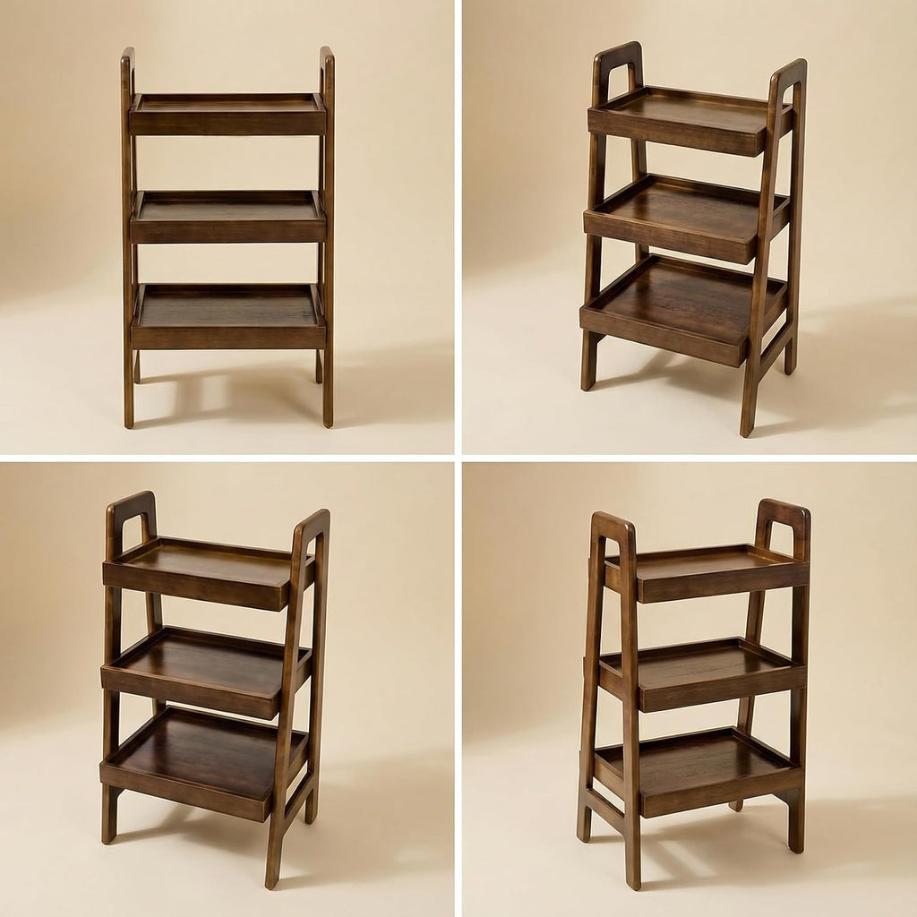 100% Solid Wood Ladder Shelf, 3 Tier Small Ladder Bookshelf, Freestanding Display Ladder Shelves with Open Storage for Living Room, Bedroom, Home Office, Saving Space, Walnut