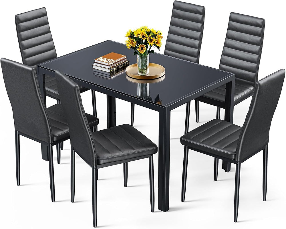 Bealife Kitchen Dining Table Set for 6, Tempered Glass 7 Piece - Black | PU L...