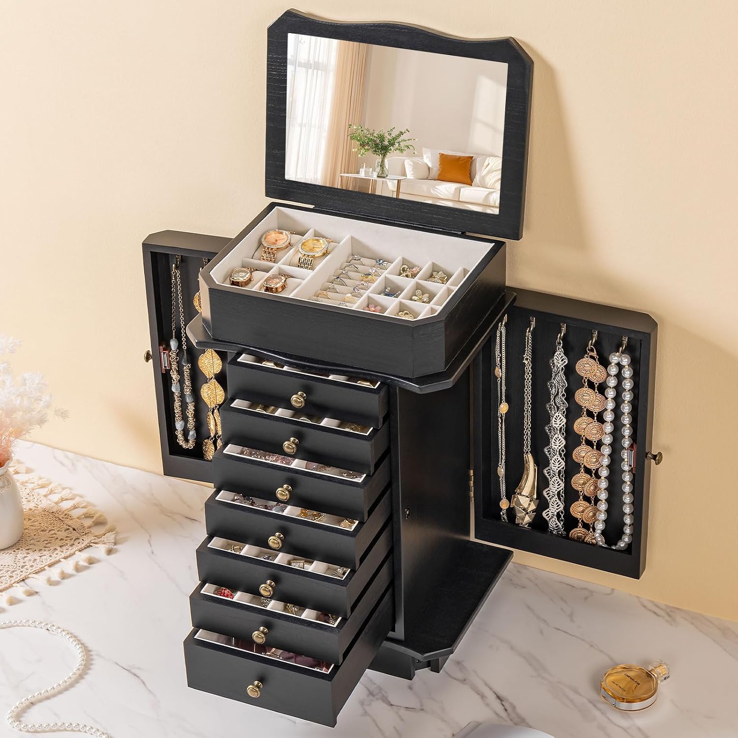Standing Jewelry Armoire with Top Flip Mirror, 7 Drawers & 2 Side Doors, Large Freestanding Jewelry Organizer Box for Rings Earrings Necklaces Bracelets Watches Glasses (Black)