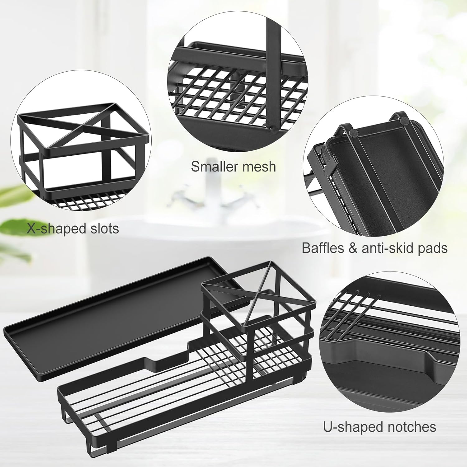 MYITYARD Toothbrush Holders for Bathrooms, Cotton Swabs & Cups Dispenser Set - Metal Electric Tooth Brushing & Toothpaste Countertop Organizer with Drainage for Shower, Sink - Black