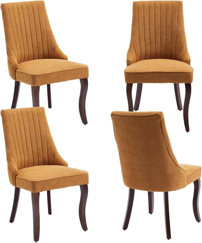 Linen Dining Chairs Set of 4,Comfy Fabric Upholstered Accent Chairs for Kitchen Living Room,Channel Tufted Dining Room Chairs with Curved Solid Wood Legs(Yellow)